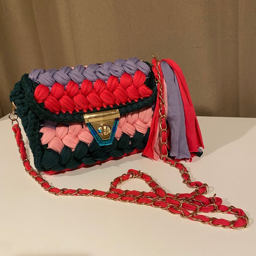 Colorful Braided Crochet Shoulder Purse ‎ Handmade Summer Bag 7x8
